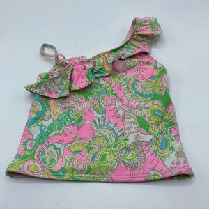 Lilly Pulitzer Girls Swimsuit Top Pink Green One Shoulder Ruffle Logo Girls 5